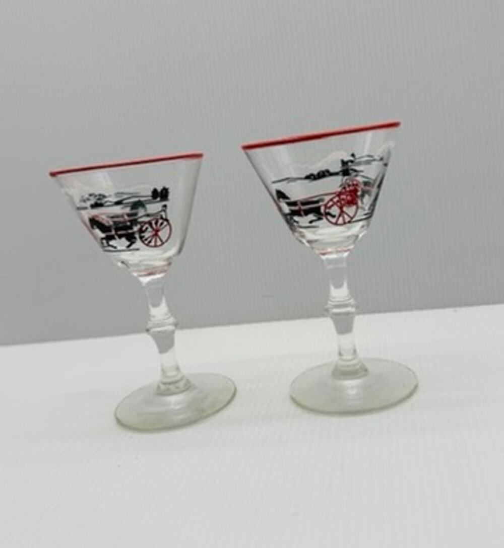 Libbey Currier & Ives Colonial Print Set of 2 Cocktail Cordial Stemmed Glasses